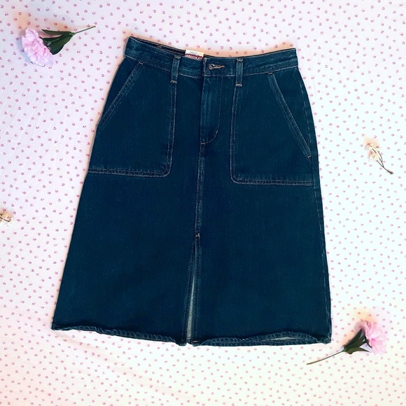 dark blue denim midi skirt